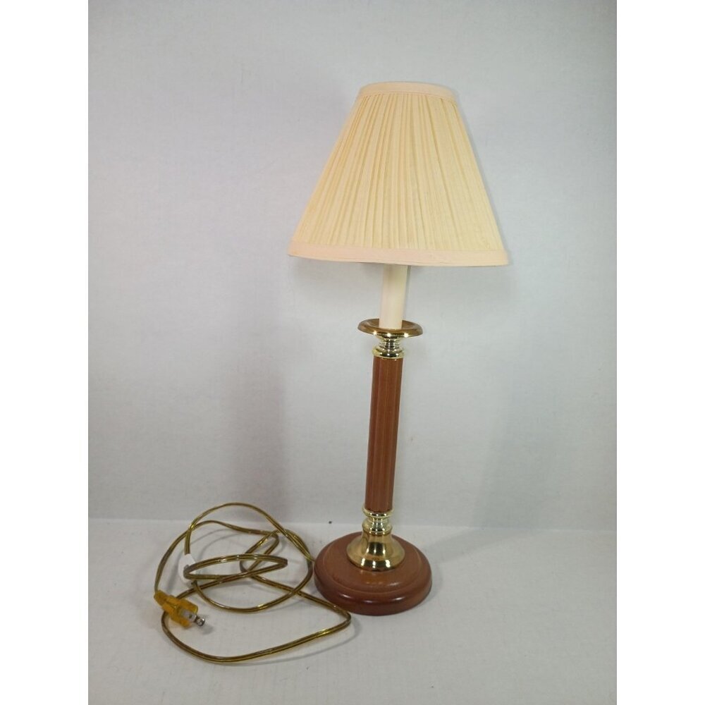 Vintage 70s MCM Brass Wood Candlestick Table Desk Lamp with Shade
